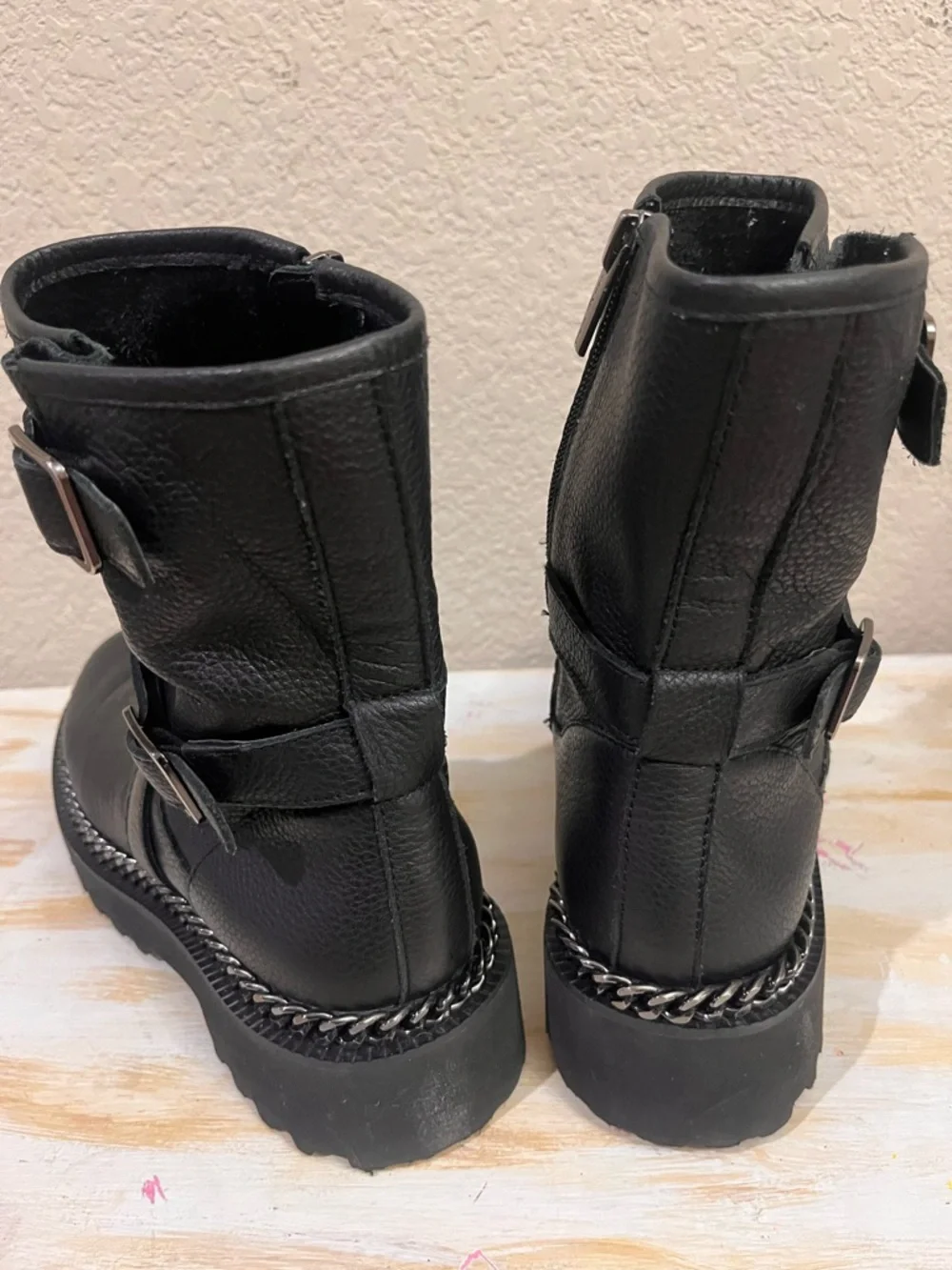 Vince Cumuto Black Leather Buckle Chain-Trim Combat Boots - Picture 5 of 8